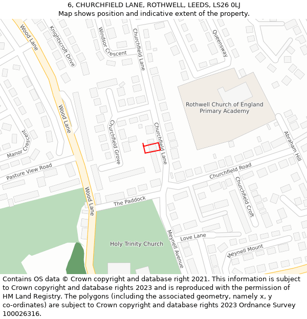 6, CHURCHFIELD LANE, ROTHWELL, LEEDS, LS26 0LJ: Location map and indicative extent of plot