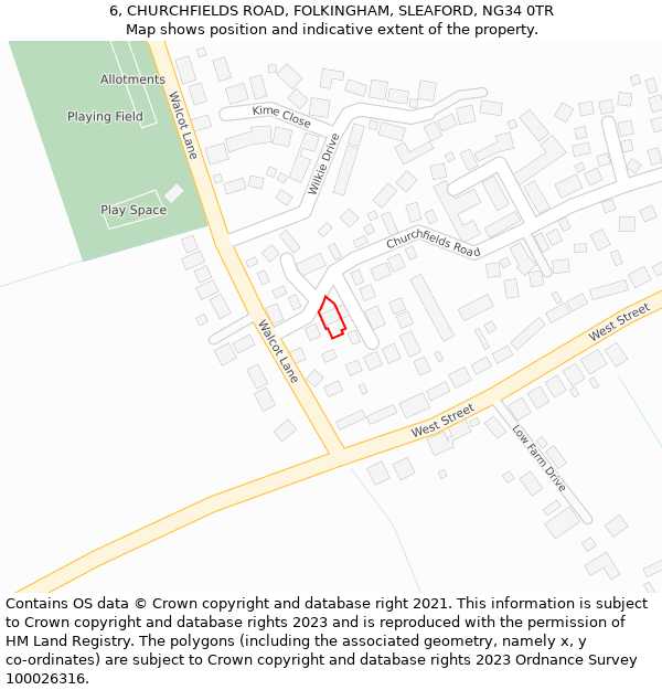 6, CHURCHFIELDS ROAD, FOLKINGHAM, SLEAFORD, NG34 0TR: Location map and indicative extent of plot