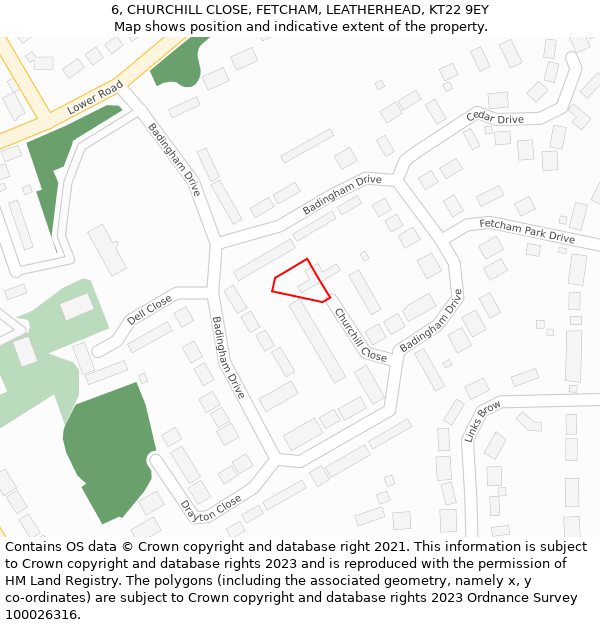 6, CHURCHILL CLOSE, FETCHAM, LEATHERHEAD, KT22 9EY: Location map and indicative extent of plot