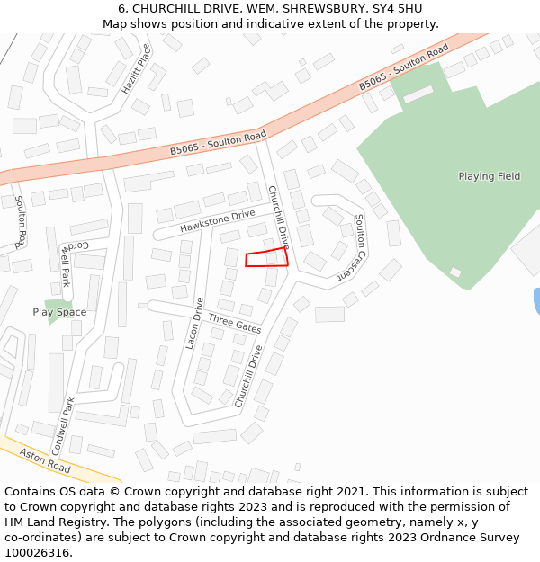 6, CHURCHILL DRIVE, WEM, SHREWSBURY, SY4 5HU: Location map and indicative extent of plot