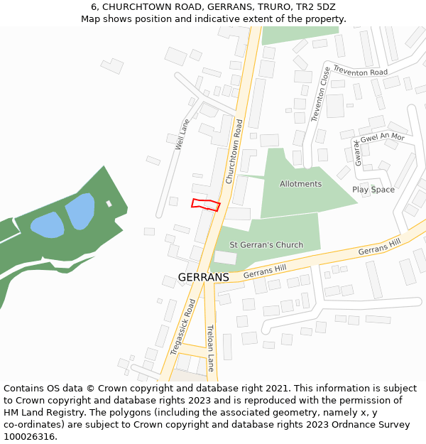 6, CHURCHTOWN ROAD, GERRANS, TRURO, TR2 5DZ: Location map and indicative extent of plot