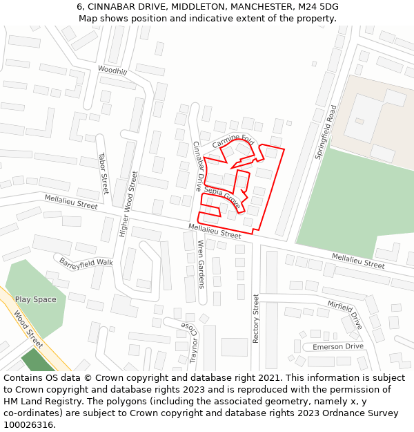 6, CINNABAR DRIVE, MIDDLETON, MANCHESTER, M24 5DG: Location map and indicative extent of plot