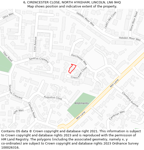 6, CIRENCESTER CLOSE, NORTH HYKEHAM, LINCOLN, LN6 9HQ: Location map and indicative extent of plot