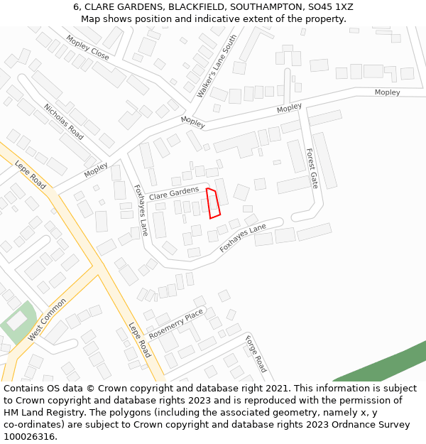 6, CLARE GARDENS, BLACKFIELD, SOUTHAMPTON, SO45 1XZ: Location map and indicative extent of plot