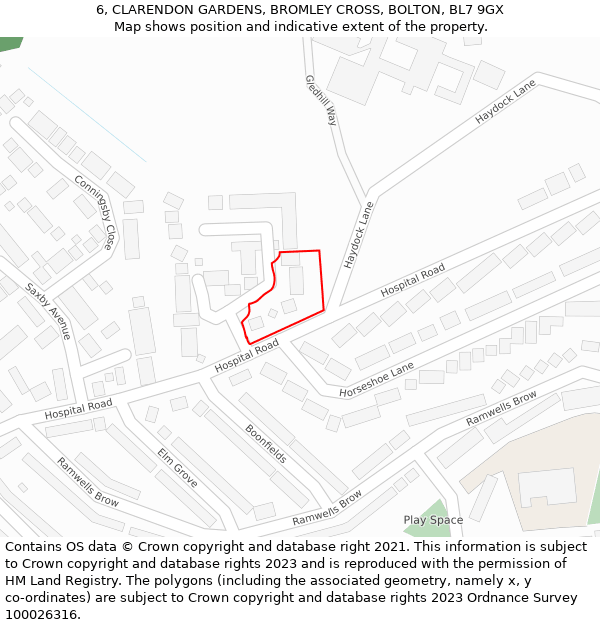 6, CLARENDON GARDENS, BROMLEY CROSS, BOLTON, BL7 9GX: Location map and indicative extent of plot