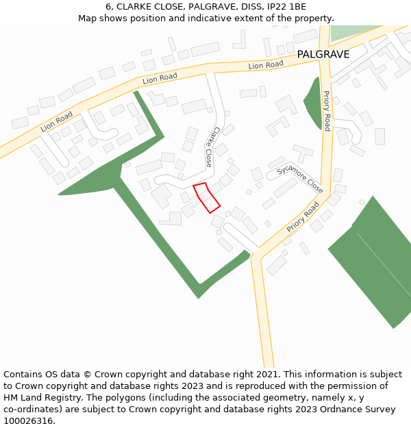 6, CLARKE CLOSE, PALGRAVE, DISS, IP22 1BE: Location map and indicative extent of plot