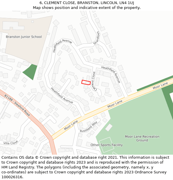6, CLEMENT CLOSE, BRANSTON, LINCOLN, LN4 1UJ: Location map and indicative extent of plot