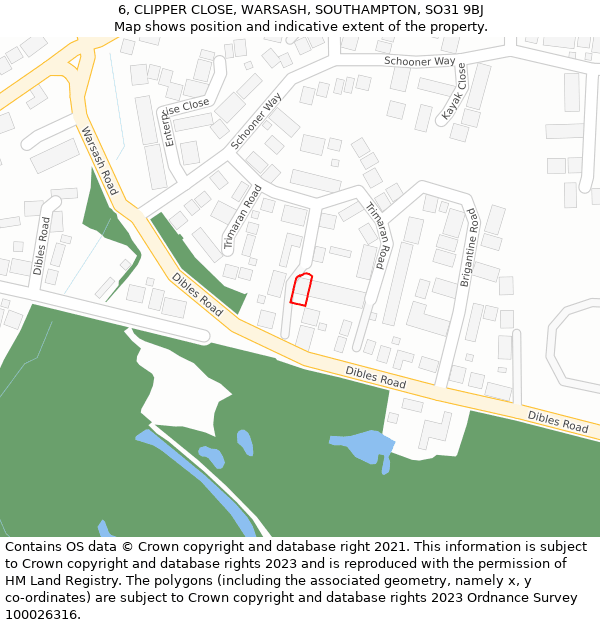 6, CLIPPER CLOSE, WARSASH, SOUTHAMPTON, SO31 9BJ: Location map and indicative extent of plot