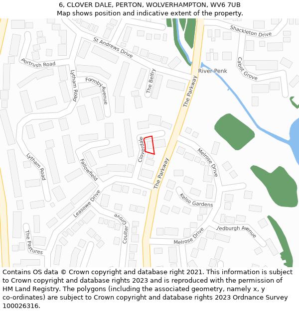 6, CLOVER DALE, PERTON, WOLVERHAMPTON, WV6 7UB: Location map and indicative extent of plot