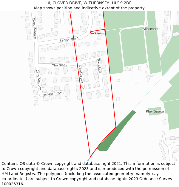 6, CLOVER DRIVE, WITHERNSEA, HU19 2DF: Location map and indicative extent of plot