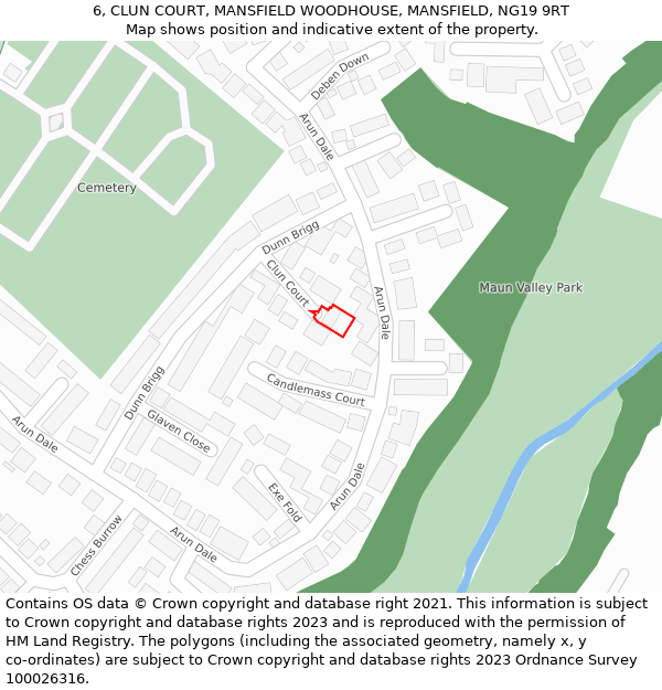 6, CLUN COURT, MANSFIELD WOODHOUSE, MANSFIELD, NG19 9RT: Location map and indicative extent of plot