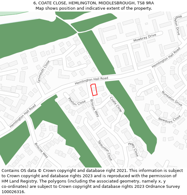 6, COATE CLOSE, HEMLINGTON, MIDDLESBROUGH, TS8 9RA: Location map and indicative extent of plot