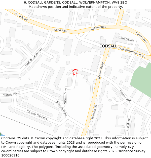 6, CODSALL GARDENS, CODSALL, WOLVERHAMPTON, WV8 2BQ: Location map and indicative extent of plot