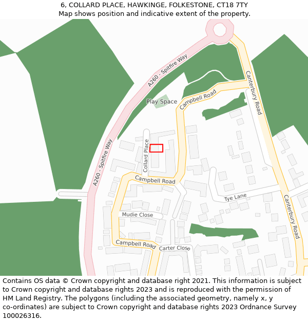 6, COLLARD PLACE, HAWKINGE, FOLKESTONE, CT18 7TY: Location map and indicative extent of plot