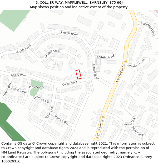 6, COLLIER WAY, MAPPLEWELL, BARNSLEY, S75 6GJ: Location map and indicative extent of plot