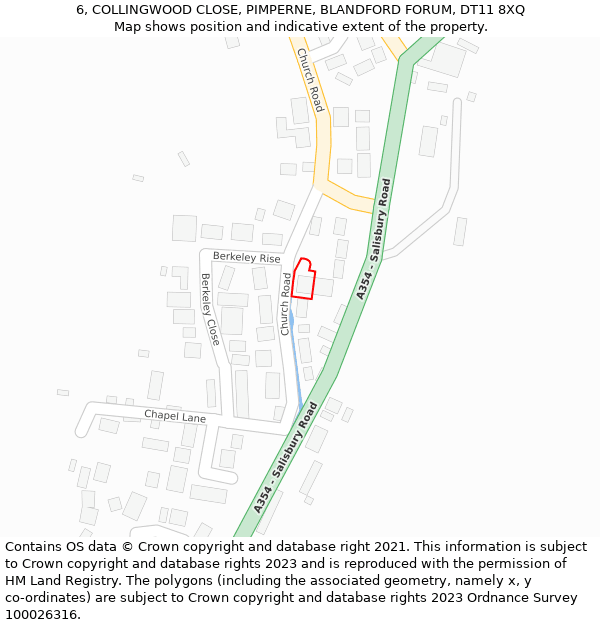 6, COLLINGWOOD CLOSE, PIMPERNE, BLANDFORD FORUM, DT11 8XQ: Location map and indicative extent of plot