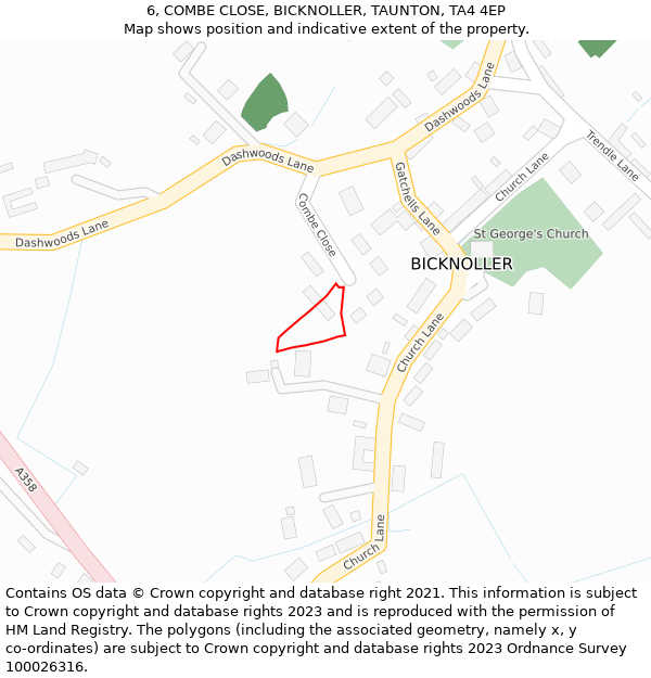 6, COMBE CLOSE, BICKNOLLER, TAUNTON, TA4 4EP: Location map and indicative extent of plot