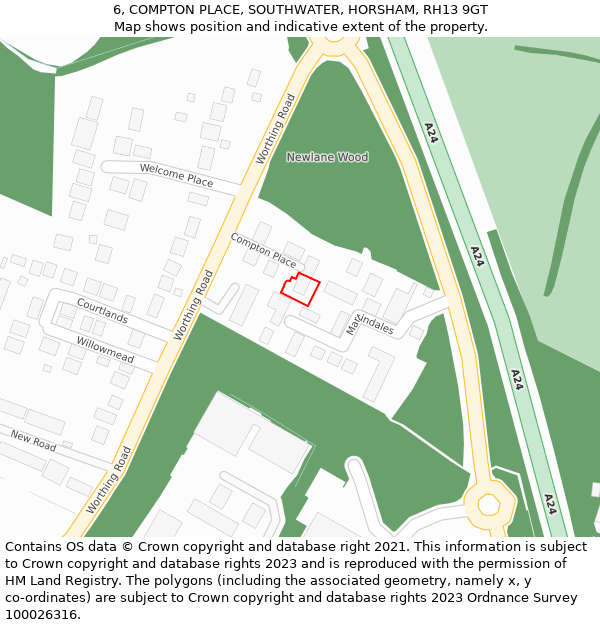 6, COMPTON PLACE, SOUTHWATER, HORSHAM, RH13 9GT: Location map and indicative extent of plot