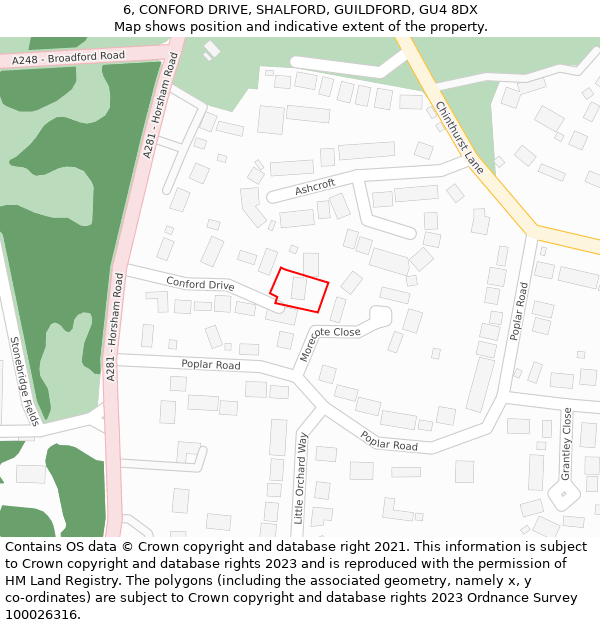 6, CONFORD DRIVE, SHALFORD, GUILDFORD, GU4 8DX: Location map and indicative extent of plot