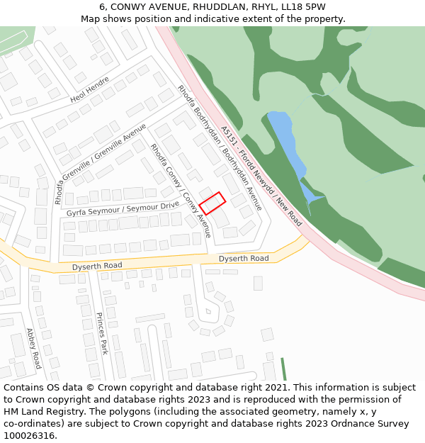 6, CONWY AVENUE, RHUDDLAN, RHYL, LL18 5PW: Location map and indicative extent of plot