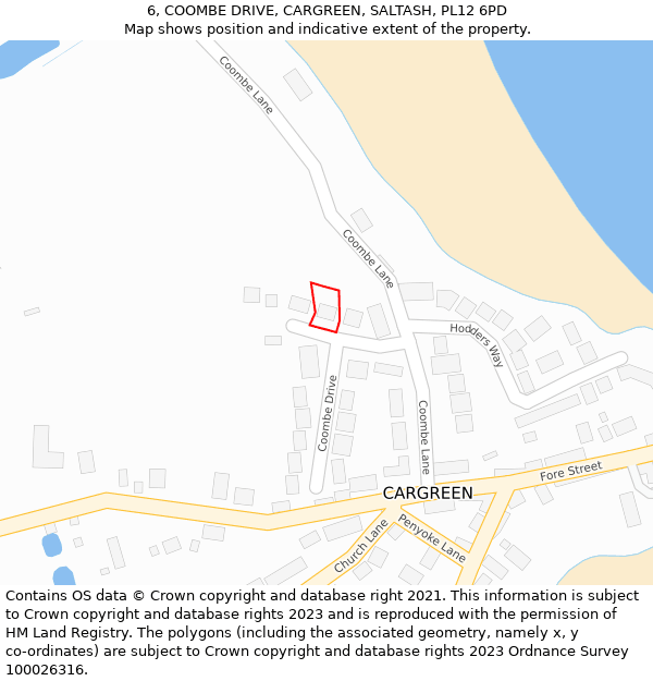 6, COOMBE DRIVE, CARGREEN, SALTASH, PL12 6PD: Location map and indicative extent of plot