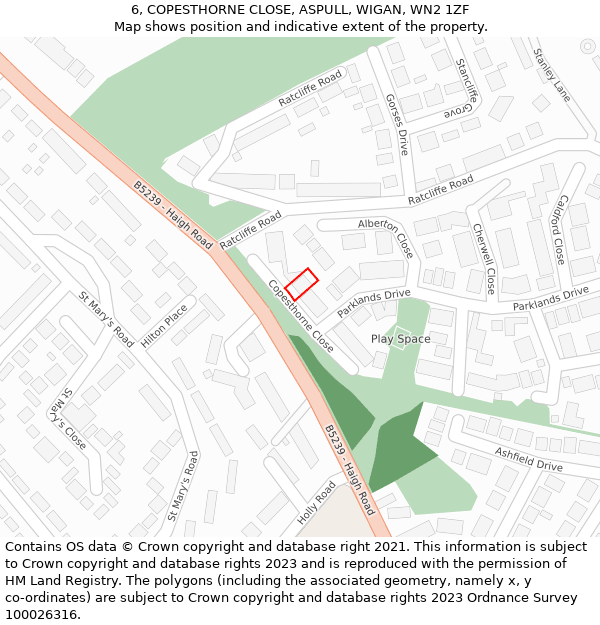 6, COPESTHORNE CLOSE, ASPULL, WIGAN, WN2 1ZF: Location map and indicative extent of plot