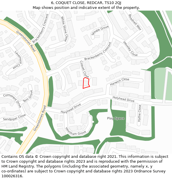 6, COQUET CLOSE, REDCAR, TS10 2QJ: Location map and indicative extent of plot