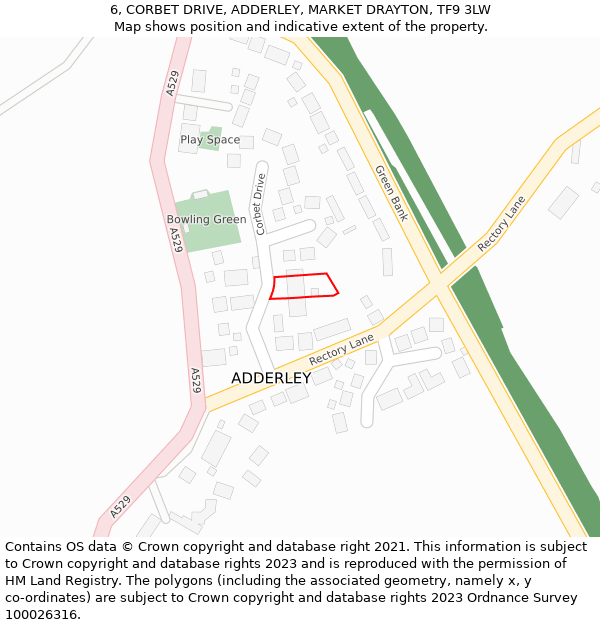 6, CORBET DRIVE, ADDERLEY, MARKET DRAYTON, TF9 3LW: Location map and indicative extent of plot