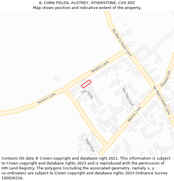 6, CORN FIELDS, AUSTREY, ATHERSTONE, CV9 3DZ: Location map and indicative extent of plot