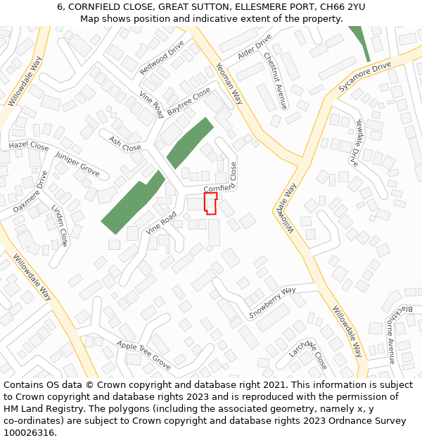 6, CORNFIELD CLOSE, GREAT SUTTON, ELLESMERE PORT, CH66 2YU: Location map and indicative extent of plot