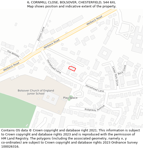 6, CORNMILL CLOSE, BOLSOVER, CHESTERFIELD, S44 6XL: Location map and indicative extent of plot