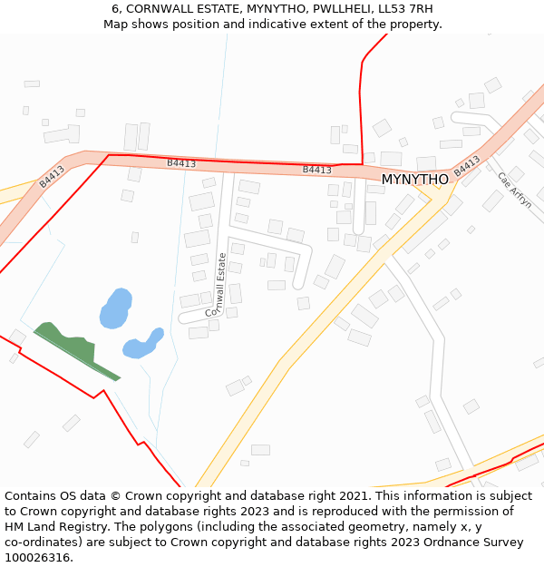 6, CORNWALL ESTATE, MYNYTHO, PWLLHELI, LL53 7RH: Location map and indicative extent of plot