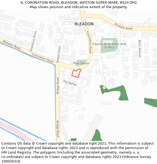 6, CORONATION ROAD, BLEADON, WESTON-SUPER-MARE, BS24 0PQ: Location map and indicative extent of plot