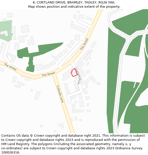 6, CORTLAND DRIVE, BRAMLEY, TADLEY, RG26 5WL: Location map and indicative extent of plot