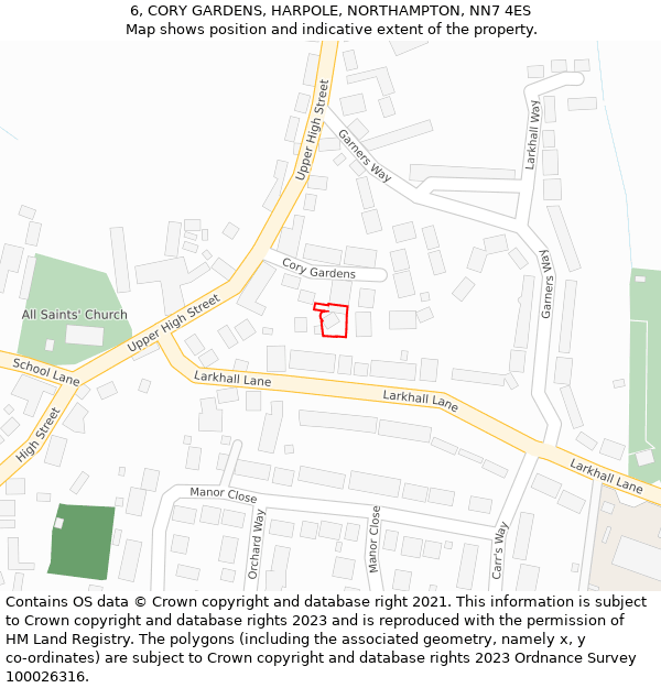 6, CORY GARDENS, HARPOLE, NORTHAMPTON, NN7 4ES: Location map and indicative extent of plot