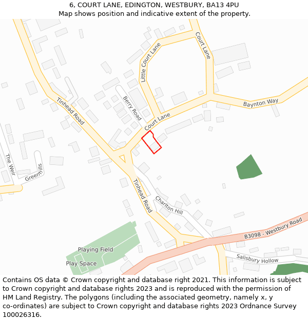 6, COURT LANE, EDINGTON, WESTBURY, BA13 4PU: Location map and indicative extent of plot