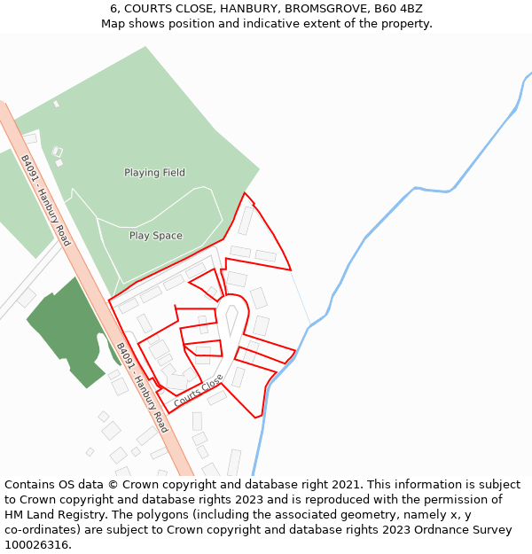 6, COURTS CLOSE, HANBURY, BROMSGROVE, B60 4BZ: Location map and indicative extent of plot