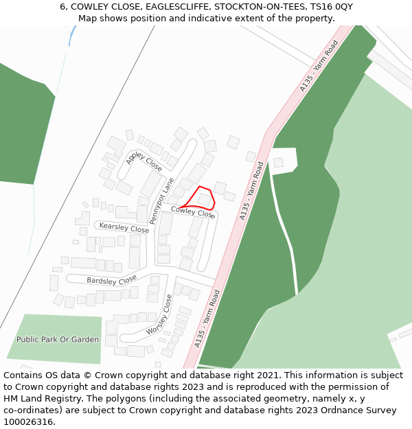 6, COWLEY CLOSE, EAGLESCLIFFE, STOCKTON-ON-TEES, TS16 0QY: Location map and indicative extent of plot
