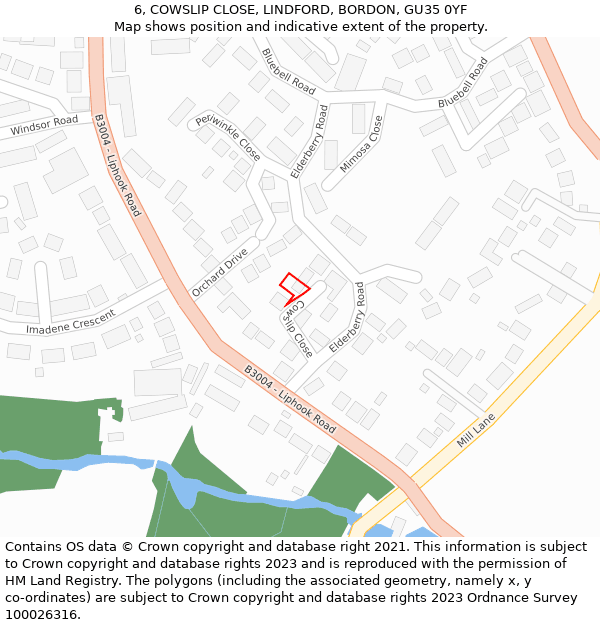 6, COWSLIP CLOSE, LINDFORD, BORDON, GU35 0YF: Location map and indicative extent of plot