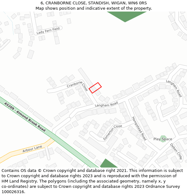 6, CRANBORNE CLOSE, STANDISH, WIGAN, WN6 0RS: Location map and indicative extent of plot