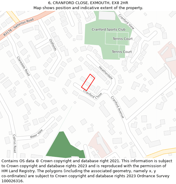 6, CRANFORD CLOSE, EXMOUTH, EX8 2HR: Location map and indicative extent of plot