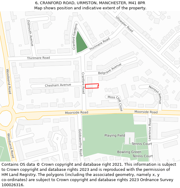 6, CRANFORD ROAD, URMSTON, MANCHESTER, M41 8PR: Location map and indicative extent of plot