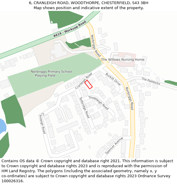 6, CRANLEIGH ROAD, WOODTHORPE, CHESTERFIELD, S43 3BH: Location map and indicative extent of plot