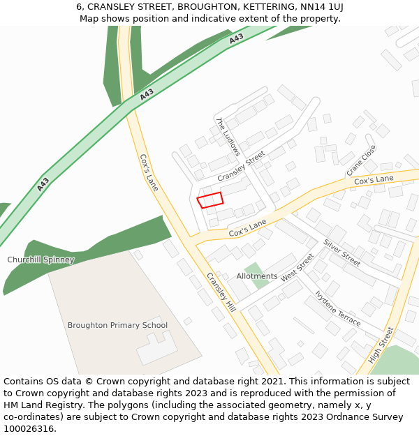 6, CRANSLEY STREET, BROUGHTON, KETTERING, NN14 1UJ: Location map and indicative extent of plot