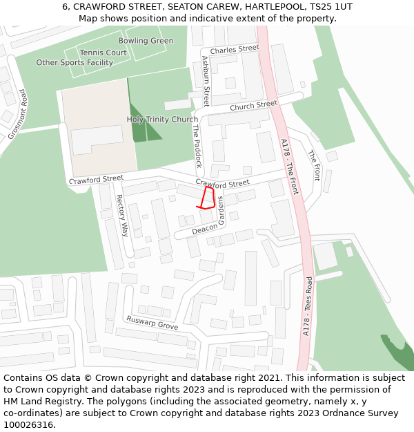 6, CRAWFORD STREET, SEATON CAREW, HARTLEPOOL, TS25 1UT: Location map and indicative extent of plot