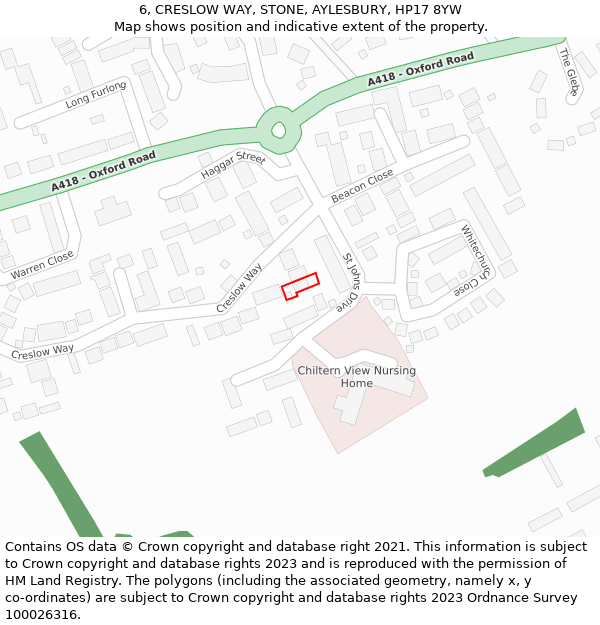 6, CRESLOW WAY, STONE, AYLESBURY, HP17 8YW: Location map and indicative extent of plot