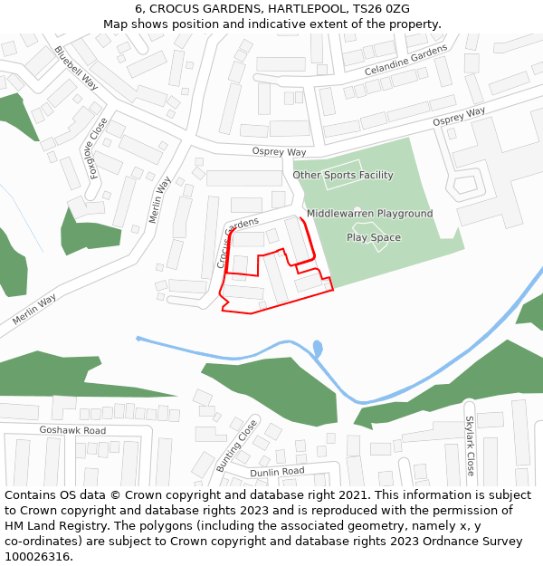 6, CROCUS GARDENS, HARTLEPOOL, TS26 0ZG: Location map and indicative extent of plot