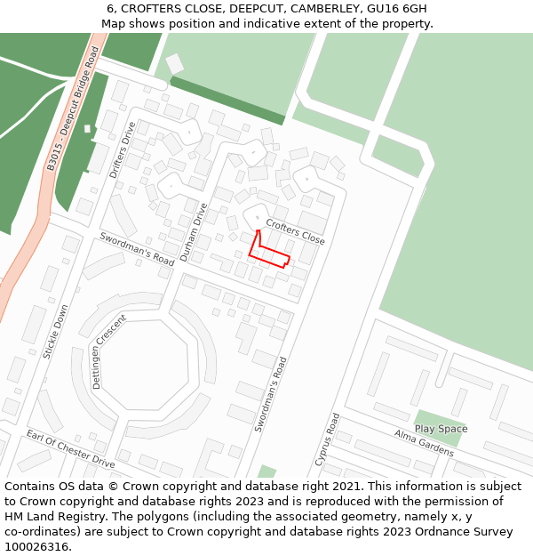 6, CROFTERS CLOSE, DEEPCUT, CAMBERLEY, GU16 6GH: Location map and indicative extent of plot