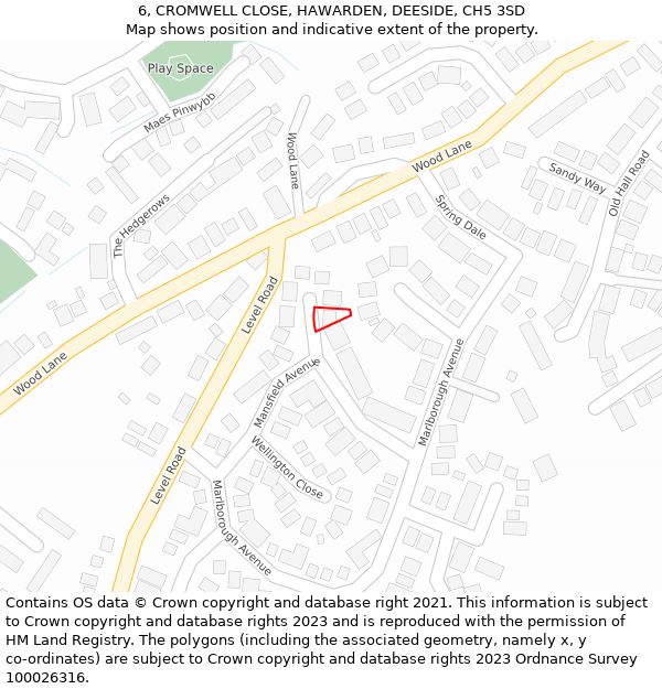 6, CROMWELL CLOSE, HAWARDEN, DEESIDE, CH5 3SD: Location map and indicative extent of plot