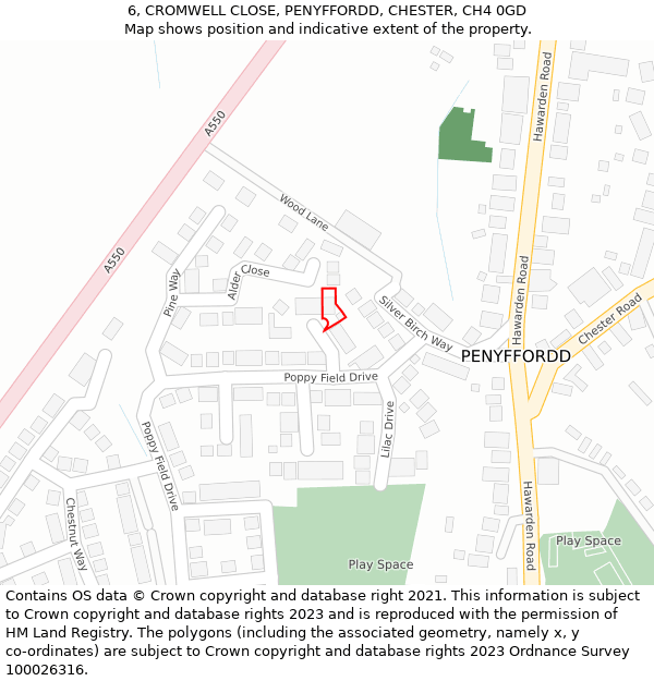 6, CROMWELL CLOSE, PENYFFORDD, CHESTER, CH4 0GD: Location map and indicative extent of plot